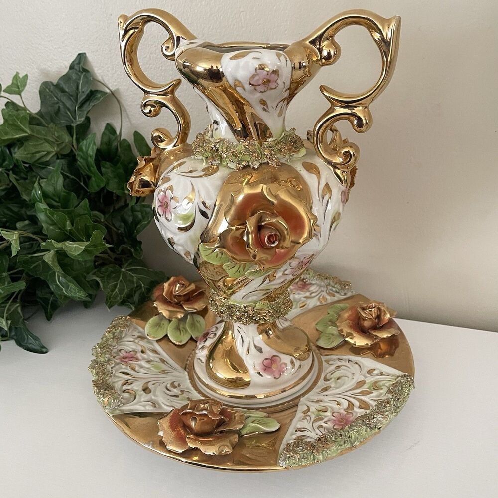 Vintage Italian Gold Porcelain 12” Capodimonte Vase Plate Set MCM Ornate Handles